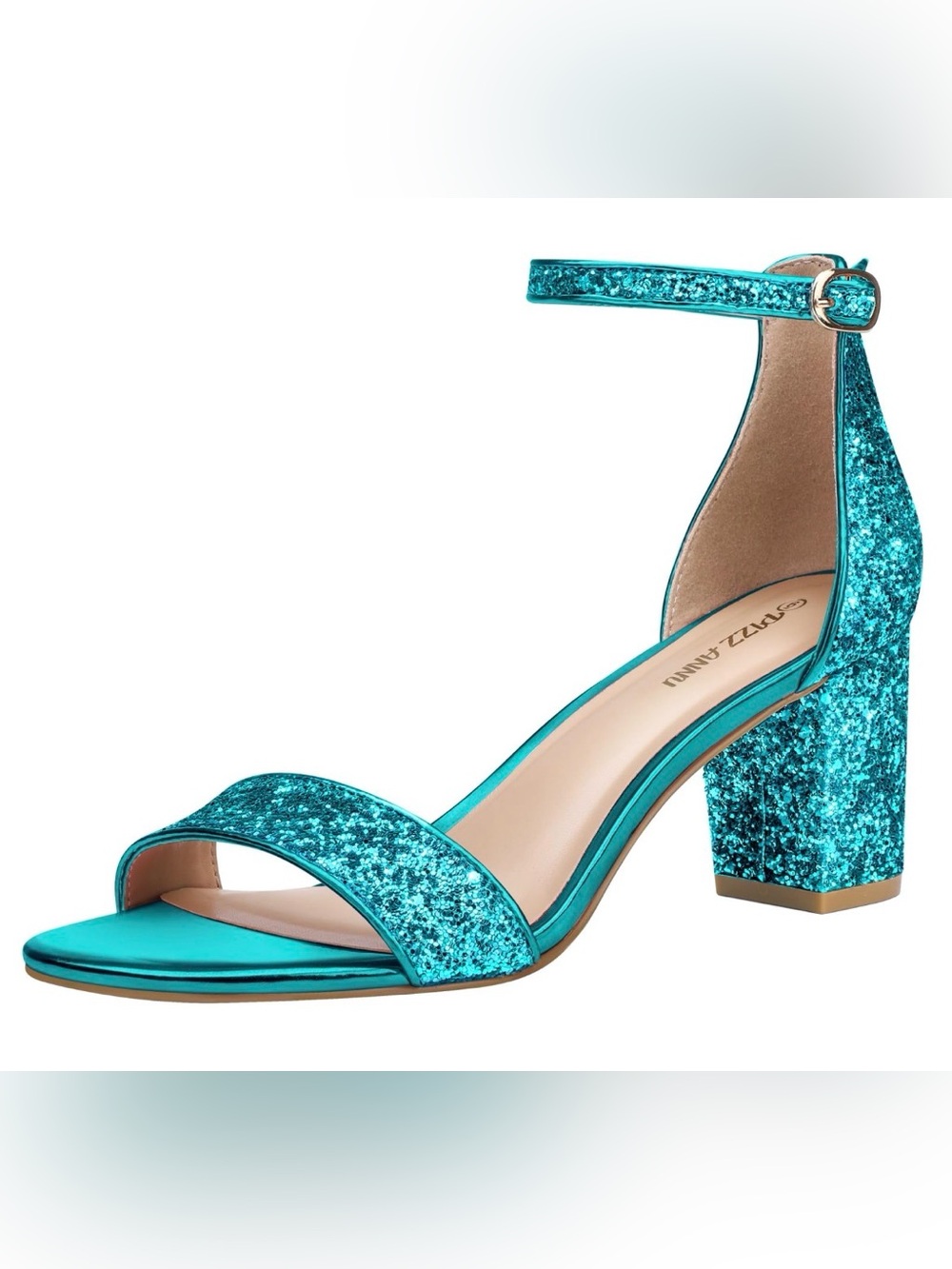 Teal Glitter Block Heel Sandals with Ankle Strap